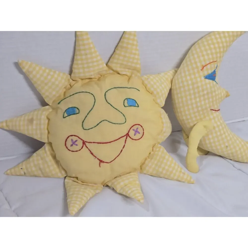 Pair Vintage 60s Celestial Whimsigoth Plaid Sun Moon Stuffed Pillows No Brand
